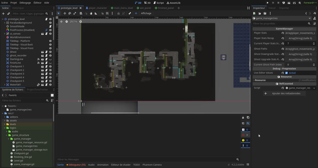 Editeur Godot et Zone de Jeu.